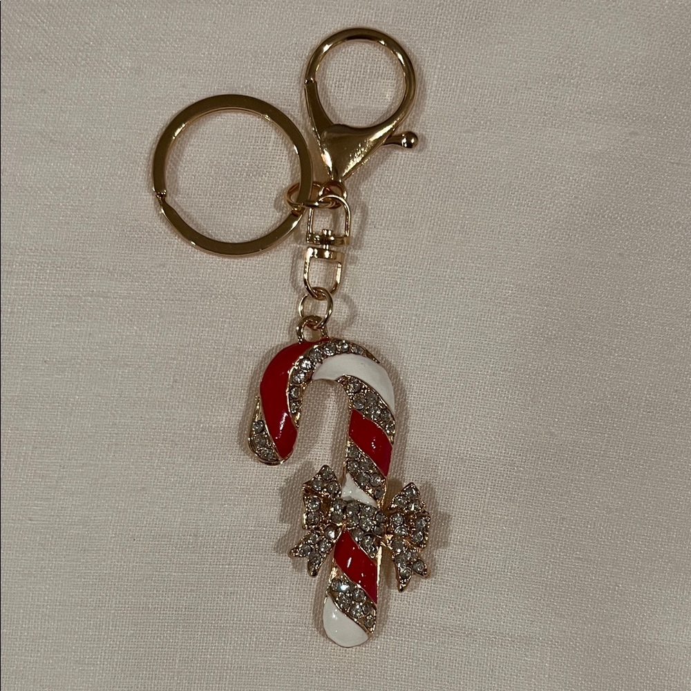 Festive Red, White, and Gold Candy Cane Bag Charm/Keychain